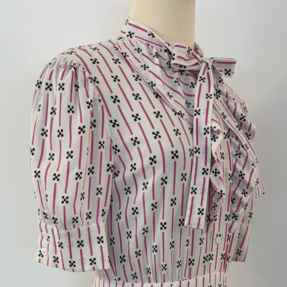 Prada Short-Sleeve Pleated Dress Knee-Length White Pink Striped Print 40 (US 4) - Picture 7 of 16